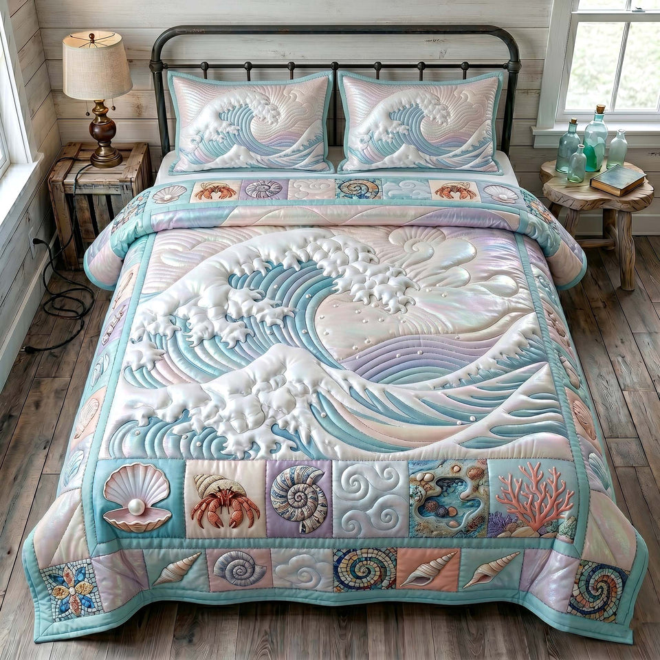 Ocean Tide White Crest on Cream quilted bedding set, quilt and two pillow shams on a made bed