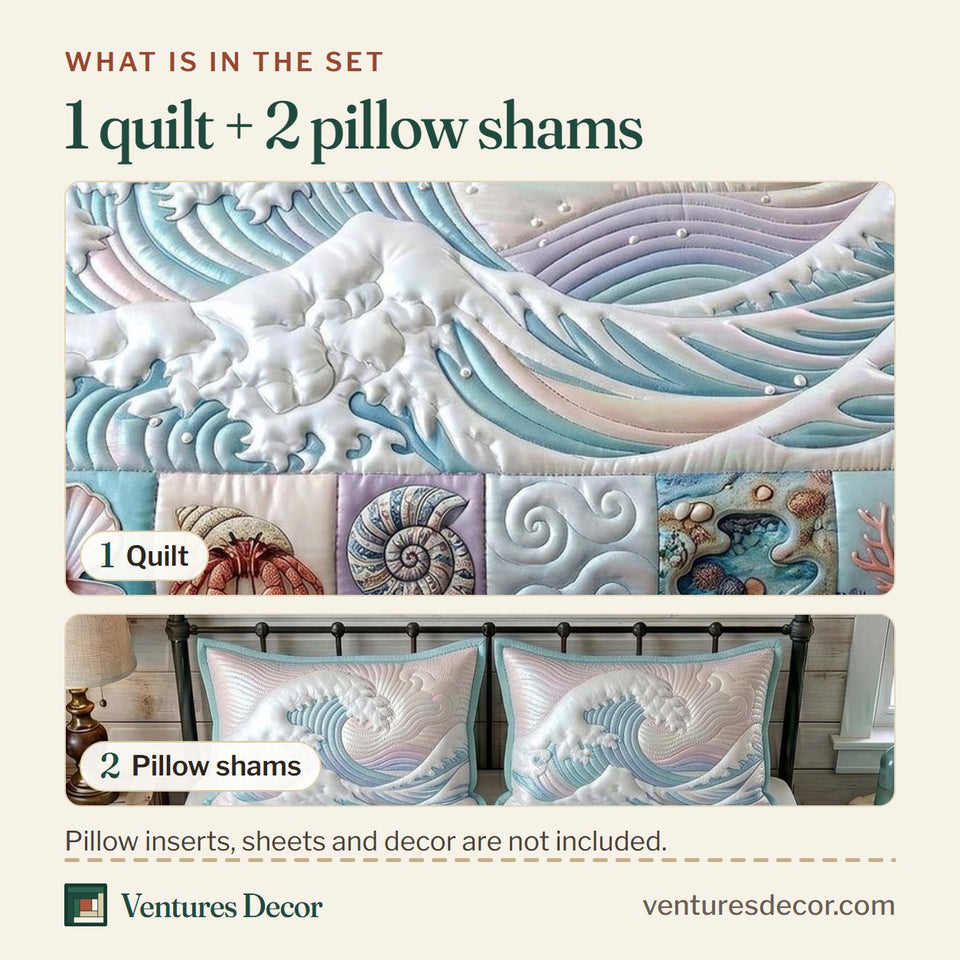 What is in the set: one quilt and two pillow shams, shown in the Ocean Tide White Crest on Cream design