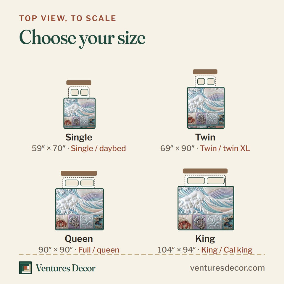 Size guide for the Ocean Tide White Crest on Cream quilt, top view to scale: Single 59 x 70 in, Twin 69 x 90 in, Queen 90 x 90 in, King 104 x 94 in