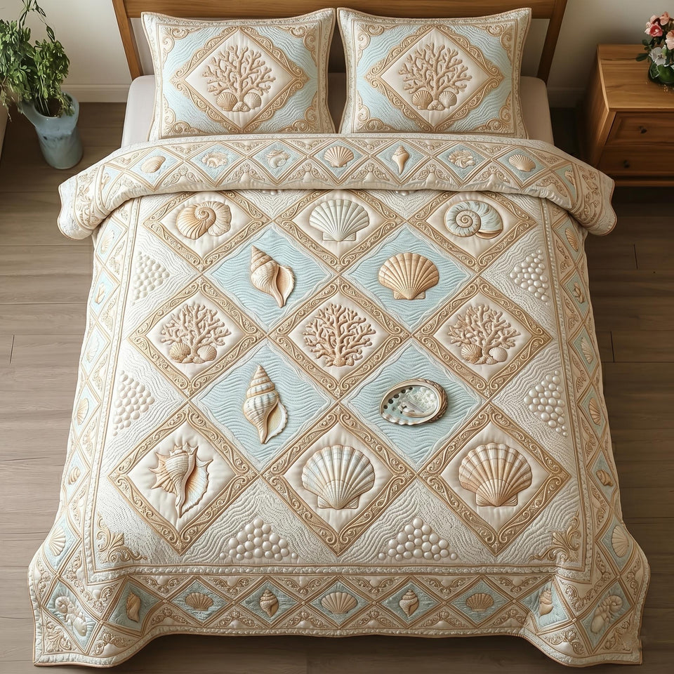Ocean Treasure Cream Shell Diamonds quilted bedding set, quilt and two pillow shams on a made bed
