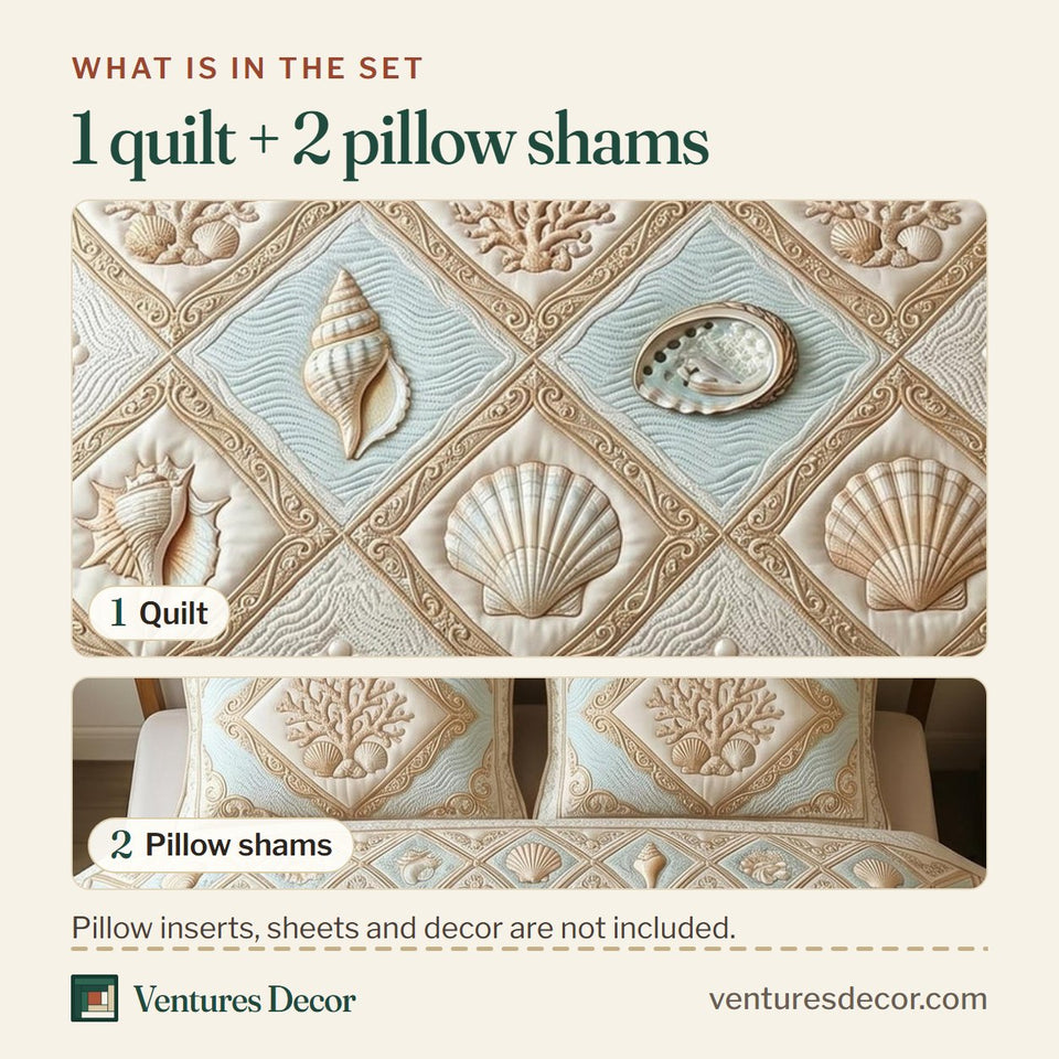 What is in the set: one quilt and two pillow shams, shown in the Ocean Treasure Cream Shell Diamonds design