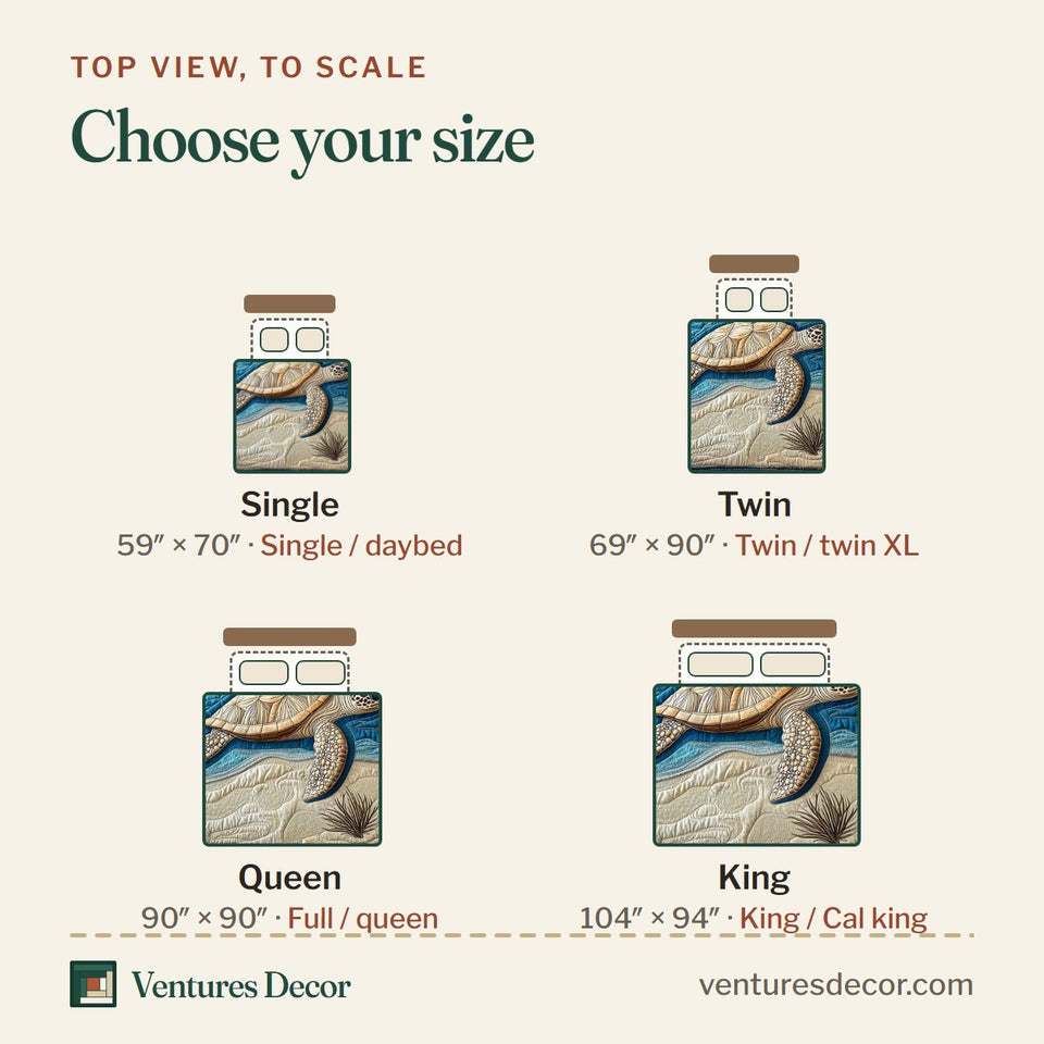 Size guide for the Ocean Turtle Cream Relief Panel quilt, top view to scale: Single 59 x 70 in, Twin 69 x 90 in, Queen 90 x 90 in, King 104 x 94 in