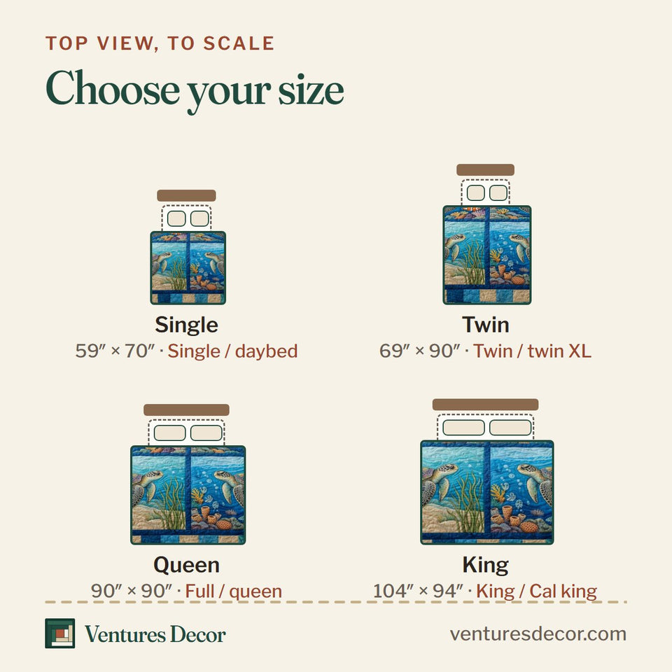 Size guide for the Ocean Turtle Four Panel Reef quilt, top view to scale: Single 59 x 70 in, Twin 69 x 90 in, Queen 90 x 90 in, King 104 x 94 in
