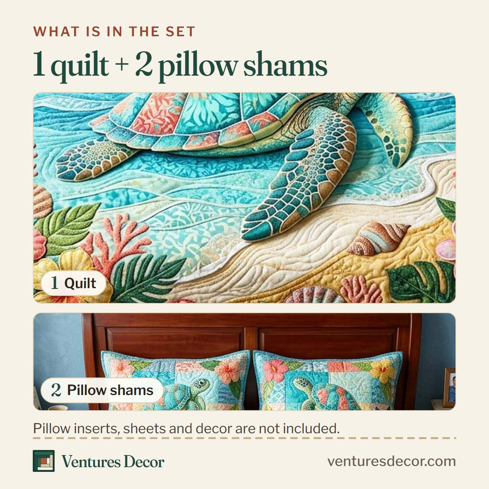 What is in the set: one quilt and two pillow shams, shown in the Ocean Turtle Hibiscus Reef Aqua design