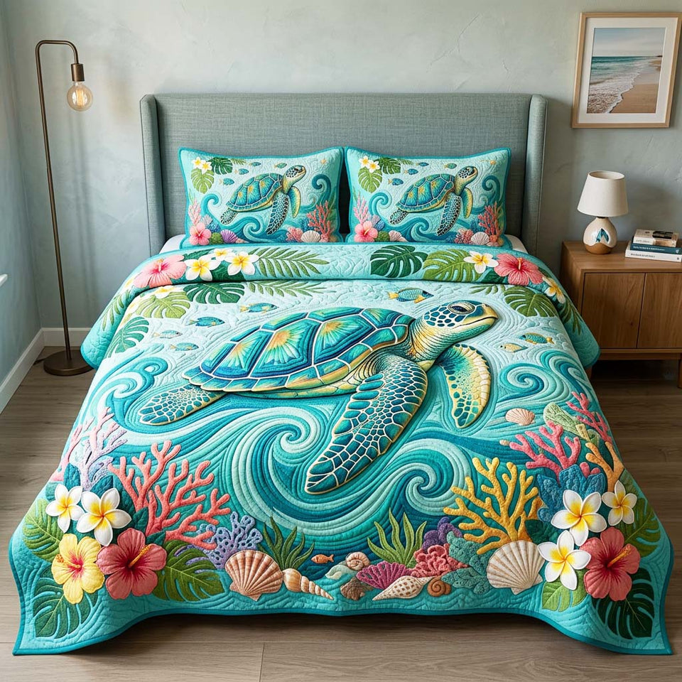Ocean Turtle Plumeria Wave Curl quilted bedding set, quilt and two pillow shams on a made bed