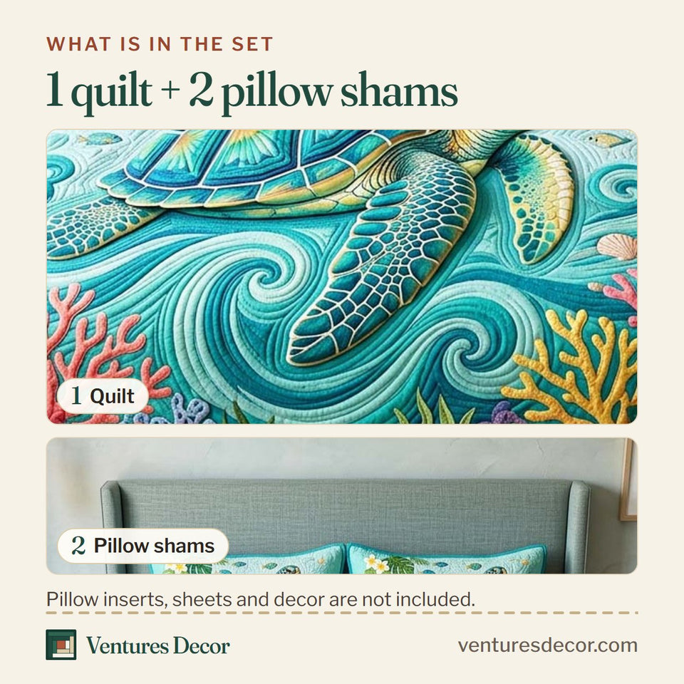 What is in the set: one quilt and two pillow shams, shown in the Ocean Turtle Plumeria Wave Curl design