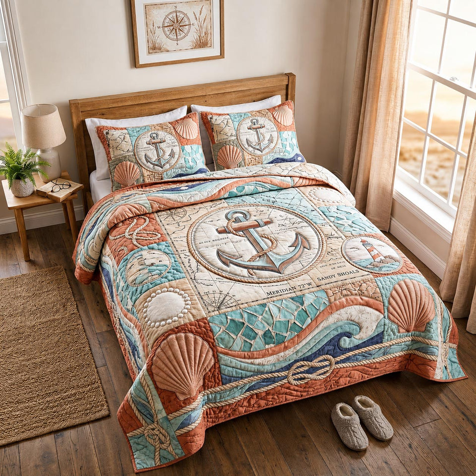 Ocean Voyage Coral Panel Anchor quilted bedding set, quilt and two pillow shams on a made bed