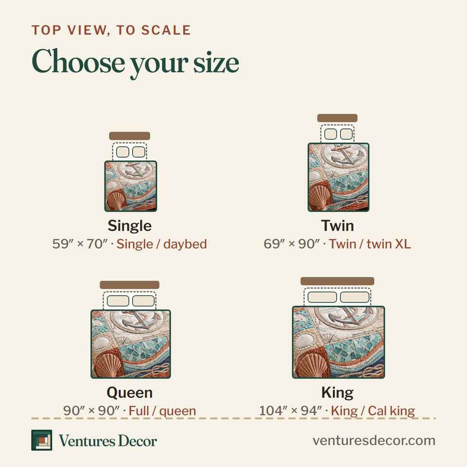Size guide for the Ocean Voyage Coral Panel Anchor quilt, top view to scale: Single 59 x 70 in, Twin 69 x 90 in, Queen 90 x 90 in, King 104 x 94 in