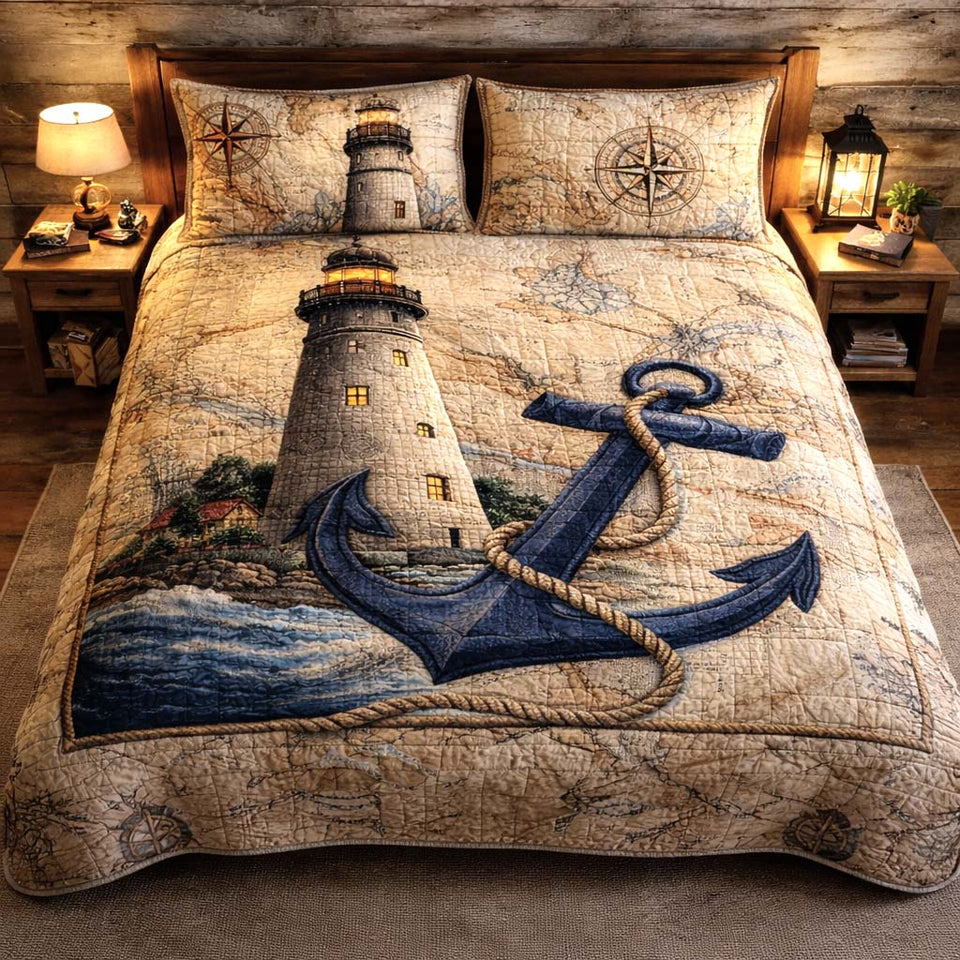 Ocean Watchtower quilted bedding set, quilt and two pillow shams on a made bed