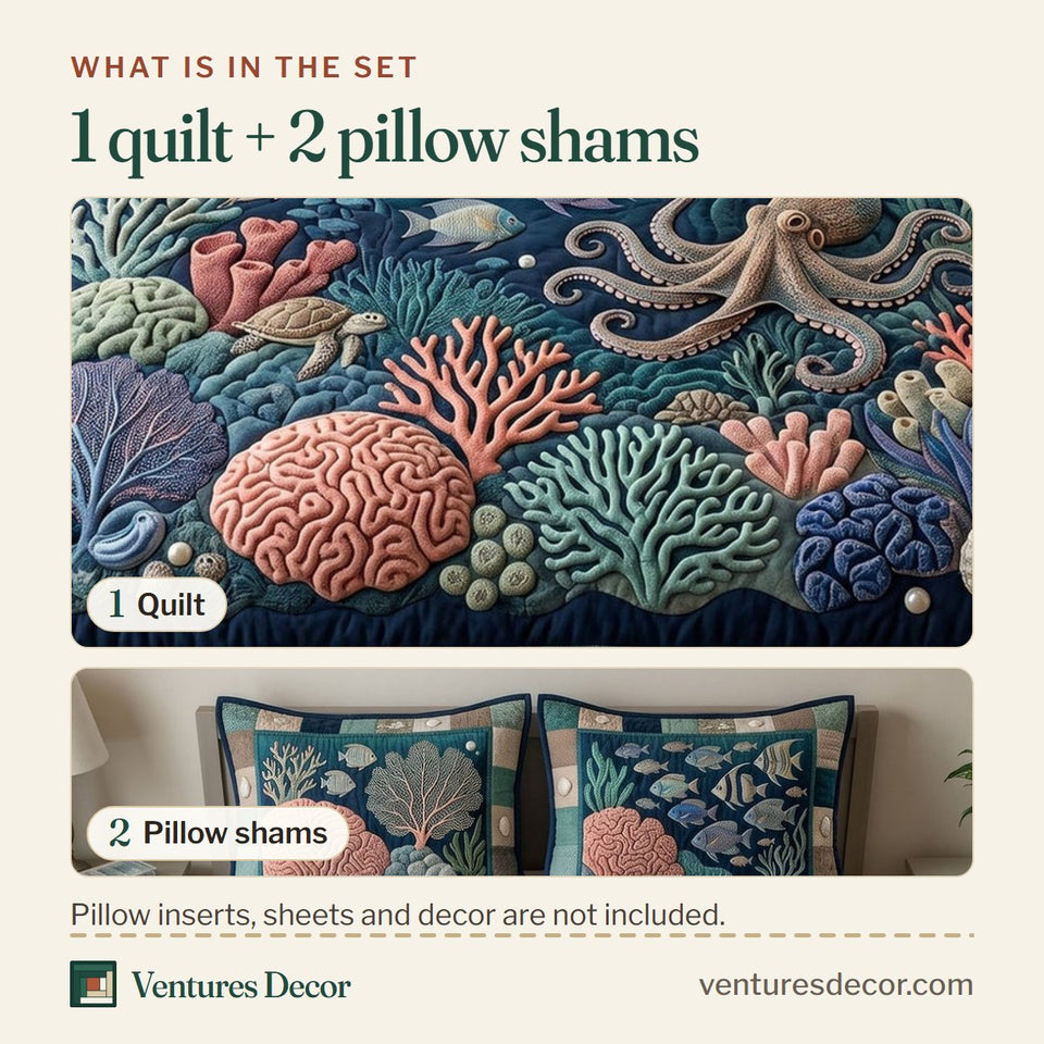 What is in the set: one quilt and two pillow shams, shown in the Ocean Wave Octopus Coral Bed design
