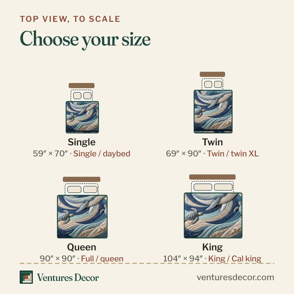 Size guide for the Ocean Wave Pale Whale Swirl quilt, top view to scale: Single 59 x 70 in, Twin 69 x 90 in, Queen 90 x 90 in, King 104 x 94 in