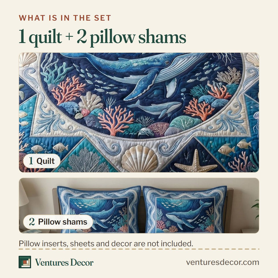 What is in the set: one quilt and two pillow shams, shown in the Ocean Wave Whale Round Panel Shells design
