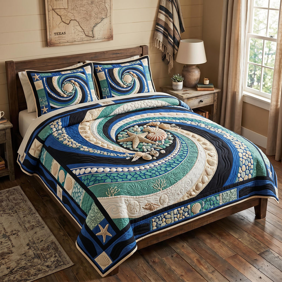Ocean Whisper Teal Spiral Patch quilted bedding set, quilt and two pillow shams on a made bed