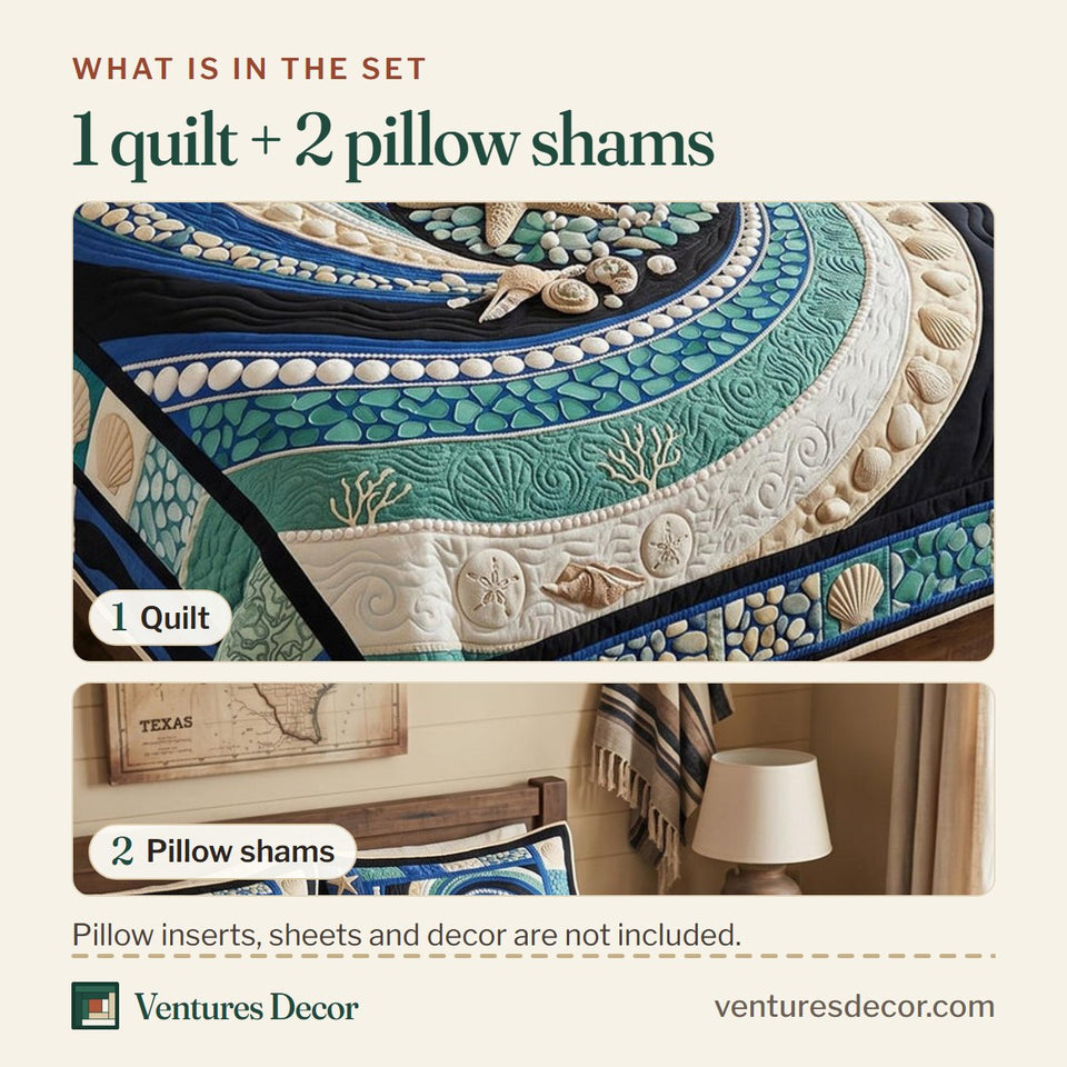 What is in the set: one quilt and two pillow shams, shown in the Ocean Whisper Teal Spiral Patch design