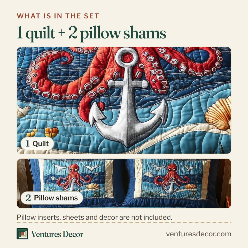 What is in the set: one quilt and two pillow shams, shown in the Octopus Anchor design