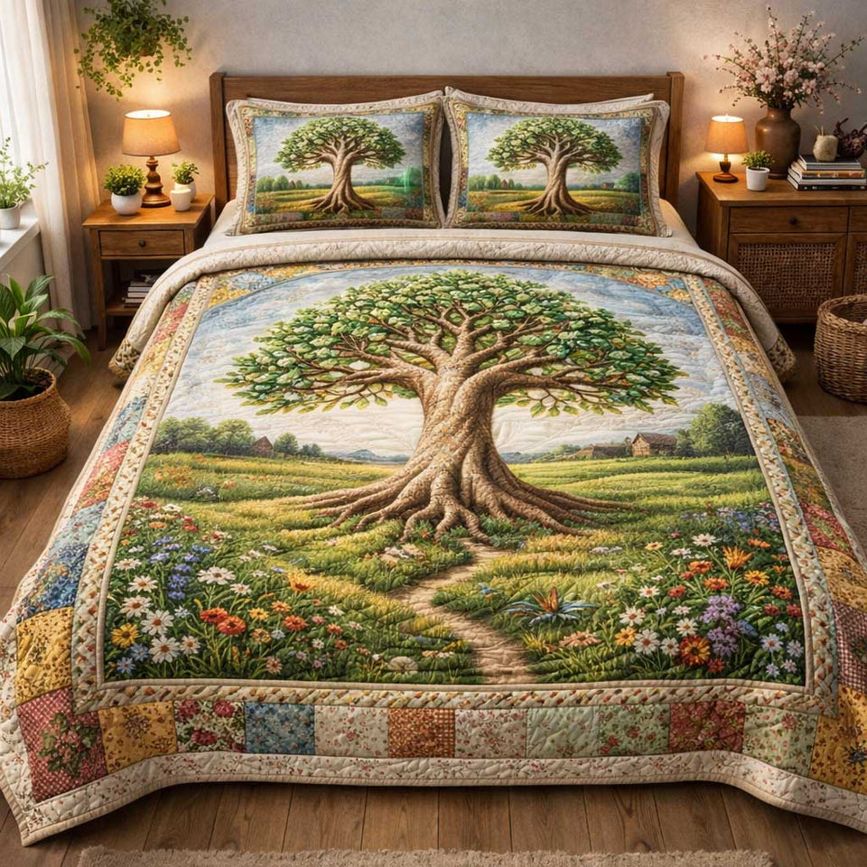 Old Oak Meadow Path quilted bedding set, quilt and two pillow shams on a made bed