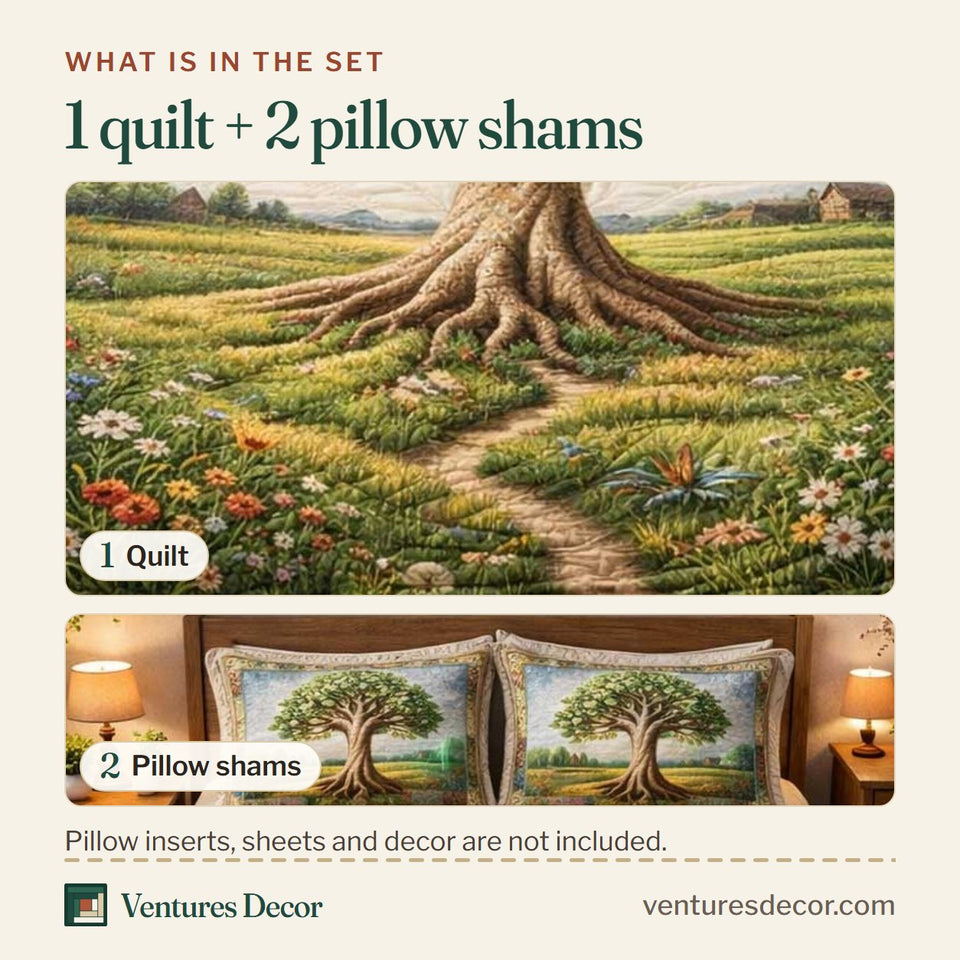 What is in the set: one quilt and two pillow shams, shown in the Old Oak Meadow Path design