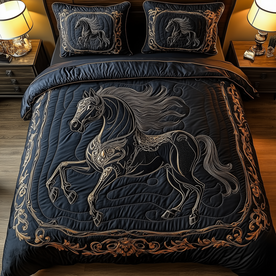 Onyx Stallion Relief quilted bedding set, quilt and two pillow shams on a made bed