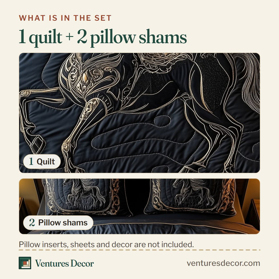 What is in the set: one quilt and two pillow shams, shown in the Onyx Stallion Relief design