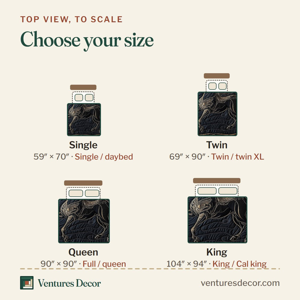 Size guide for the Onyx Stallion Relief quilt, top view to scale: Single 59 x 70 in, Twin 69 x 90 in, Queen 90 x 90 in, King 104 x 94 in