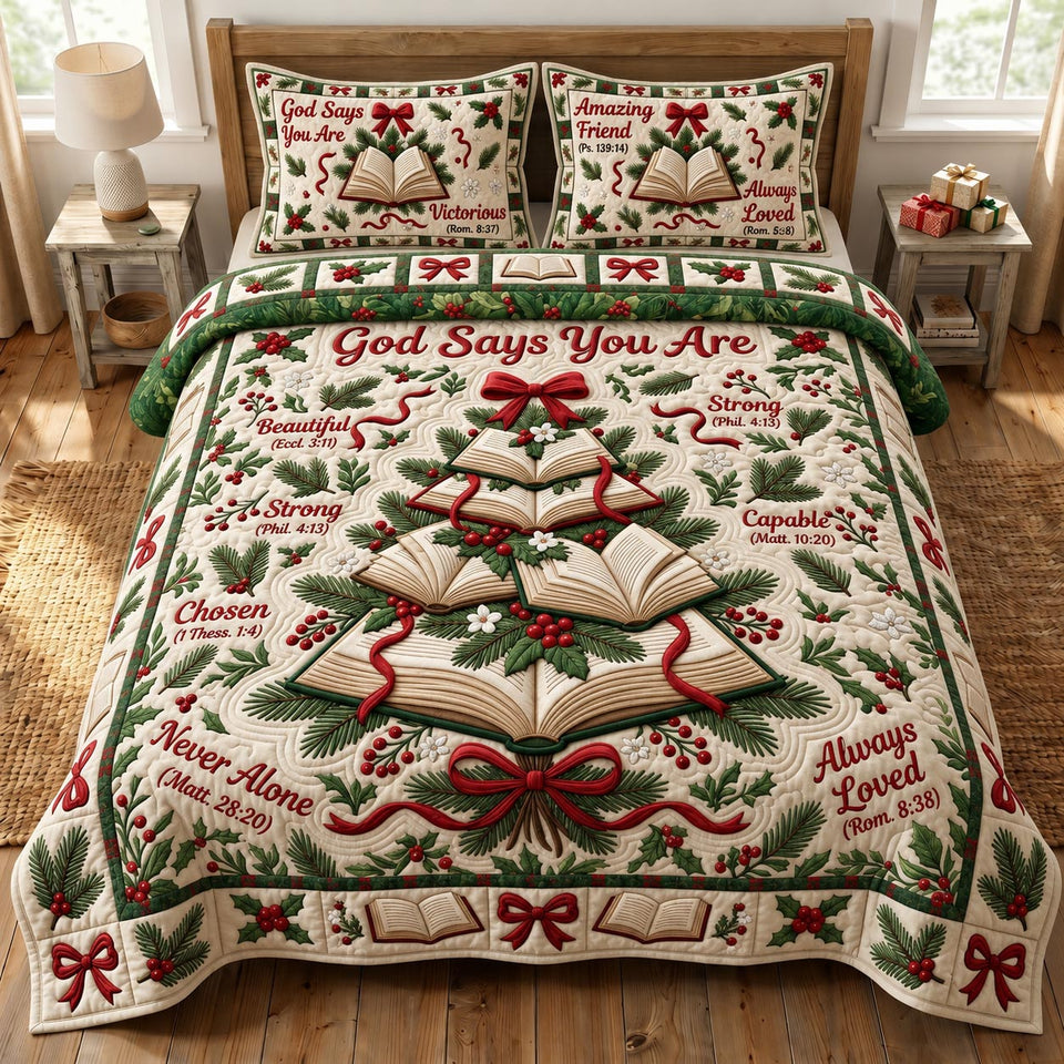 Open Bible Ribbon Verses quilted bedding set, quilt and two pillow shams on a made bed