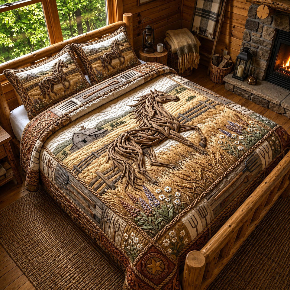 Open Range Golden Prairie Portrait quilted bedding set, quilt and two pillow shams on a made bed