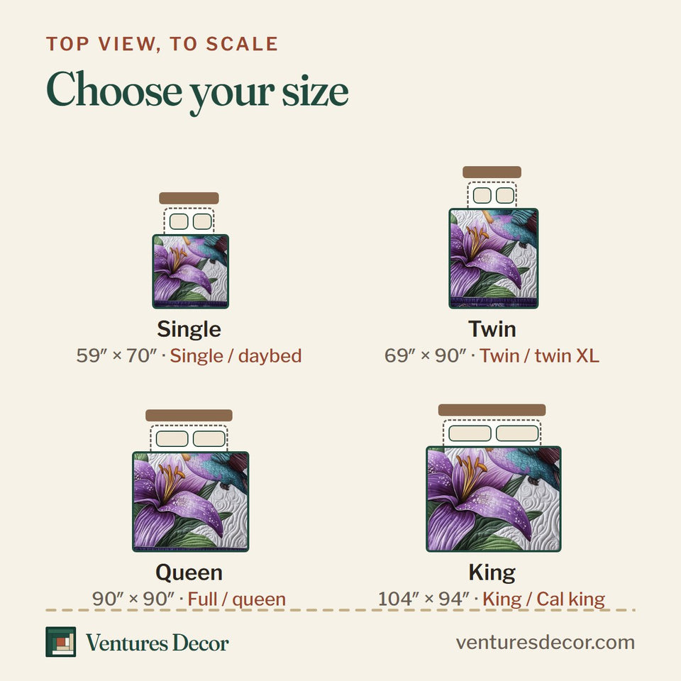 Size guide for the Orchid Lily Hummingbird quilt, top view to scale: Single 59 x 70 in, Twin 69 x 90 in, Queen 90 x 90 in, King 104 x 94 in