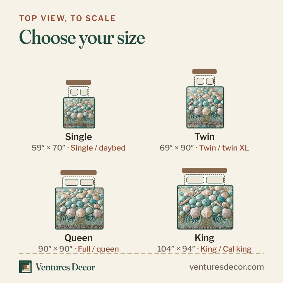 Size guide for the Ornament Shell Tree quilt, top view to scale: Single 59 x 70 in, Twin 69 x 90 in, Queen 90 x 90 in, King 104 x 94 in