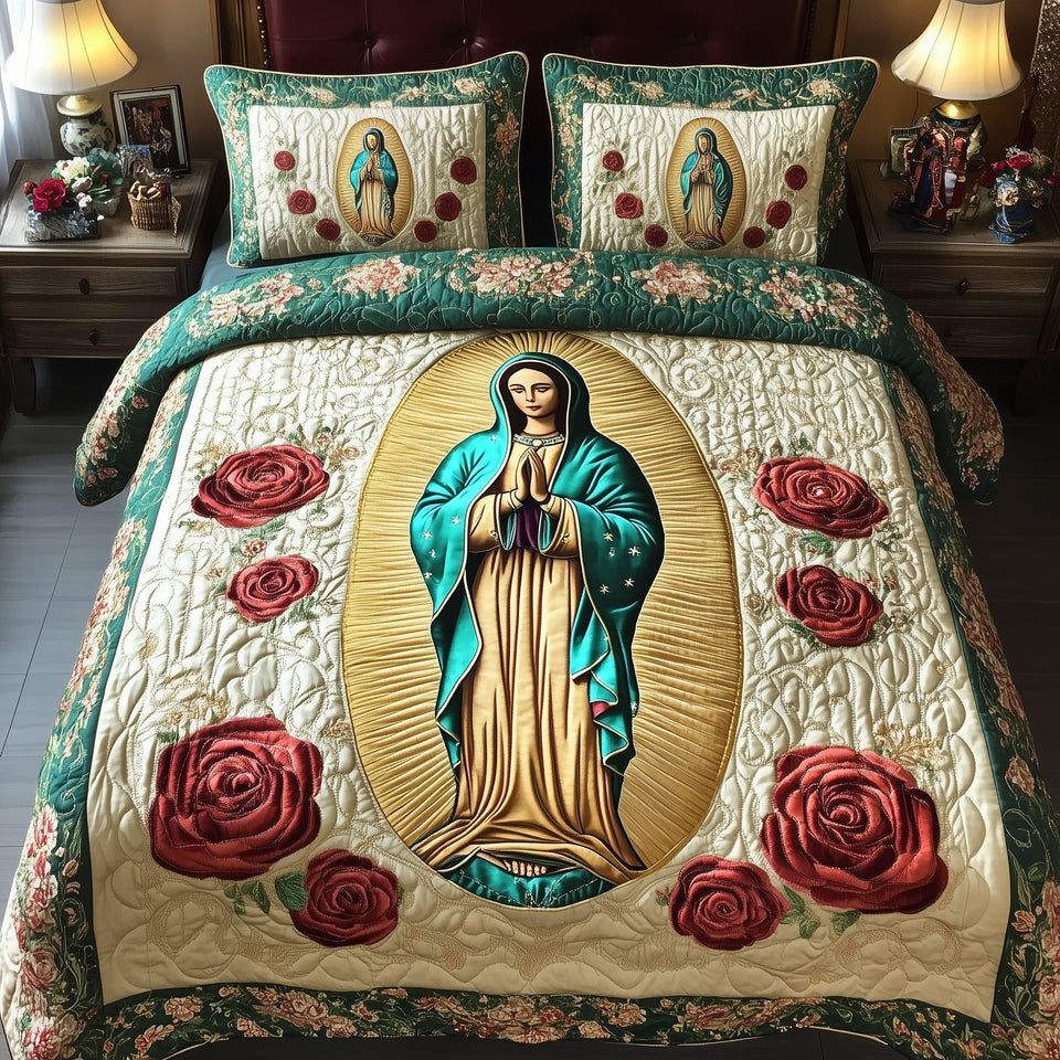 Our Lady of Guadalupe Gold Mandorla Roses quilted bedding set, quilt and two pillow shams on a made bed