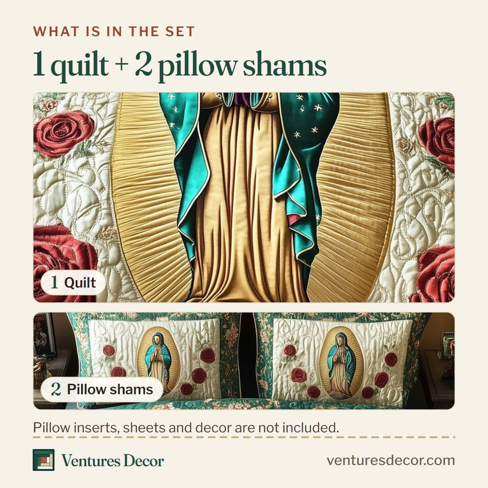 What is in the set: one quilt and two pillow shams, shown in the Our Lady of Guadalupe Gold Mandorla Roses design