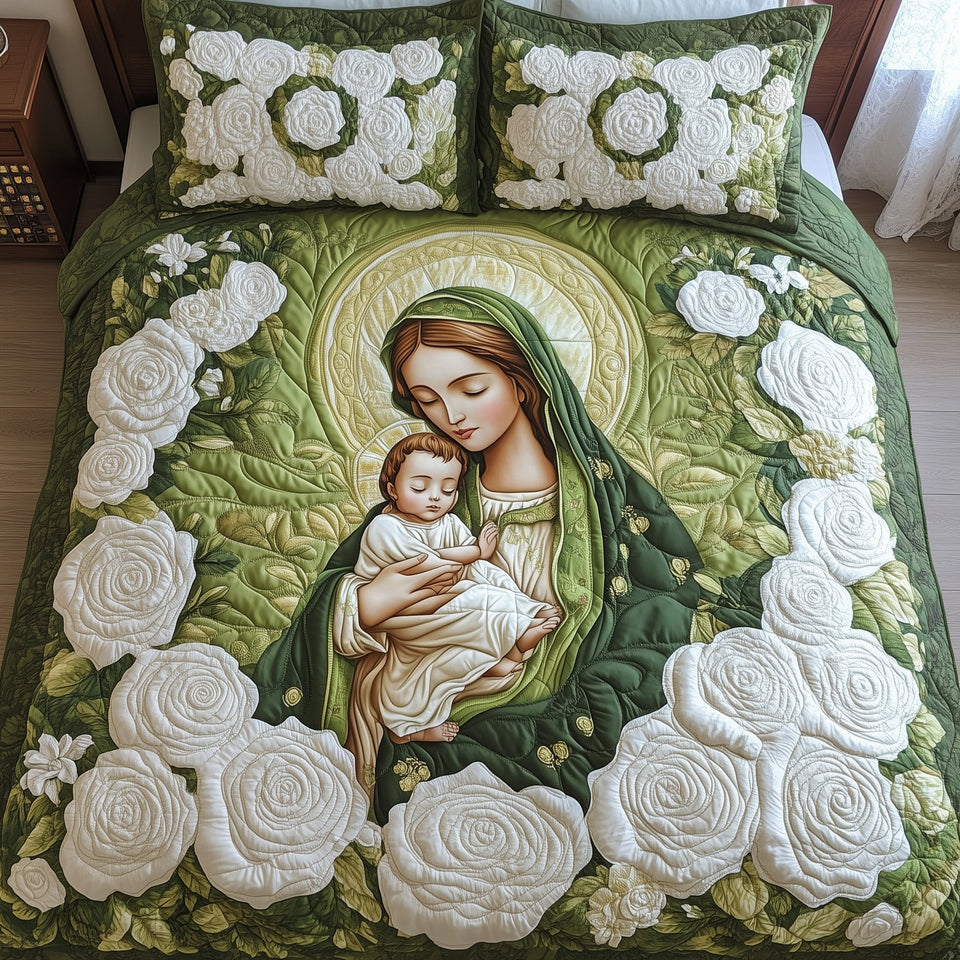 Our Lady of Guadalupe Olive Rose Oval quilted bedding set, quilt and two pillow shams on a made bed