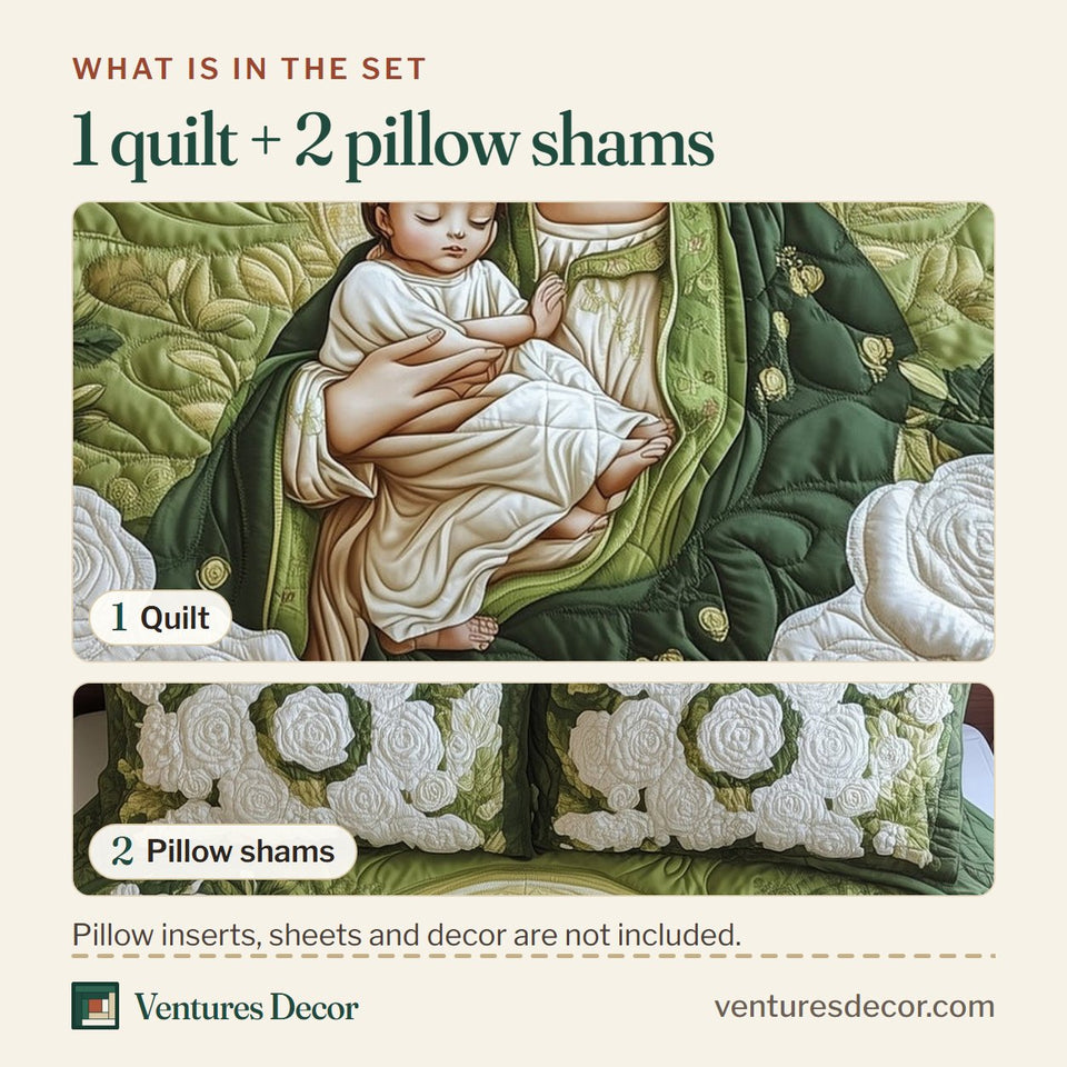 What is in the set: one quilt and two pillow shams, shown in the Our Lady of Guadalupe Olive Rose Oval design