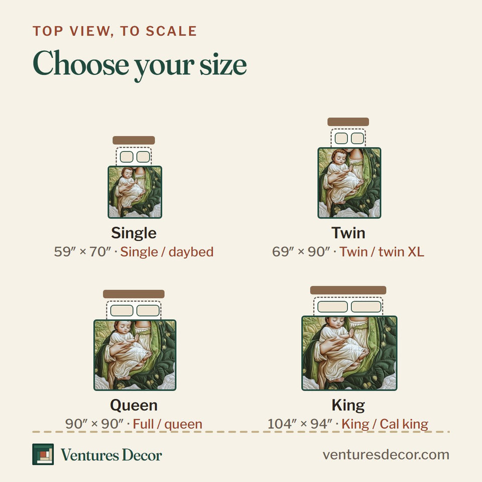 Size guide for the Our Lady of Guadalupe Olive Rose Oval quilt, top view to scale: Single 59 x 70 in, Twin 69 x 90 in, Queen 90 x 90 in, King 104 x 94 in