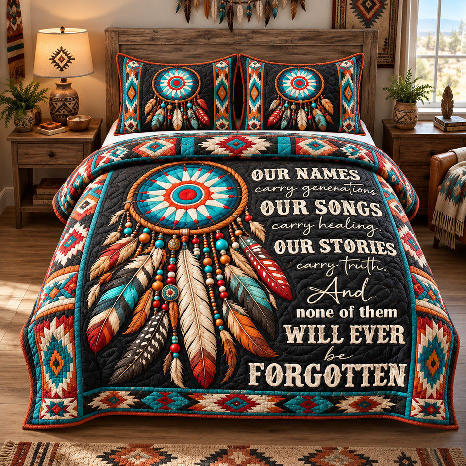 Our Stories Live On quilted bedding set, quilt and two pillow shams on a made bed