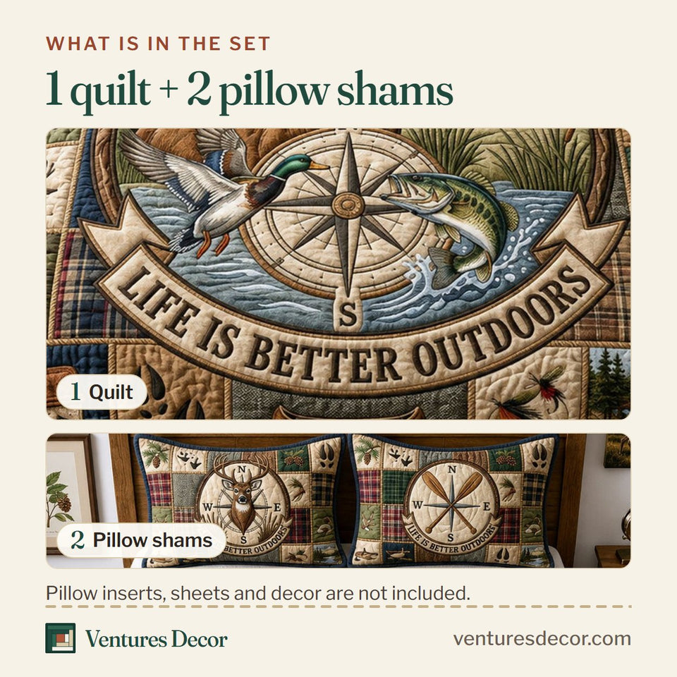 What is in the set: one quilt and two pillow shams, shown in the Outdoors Medallion Buck design