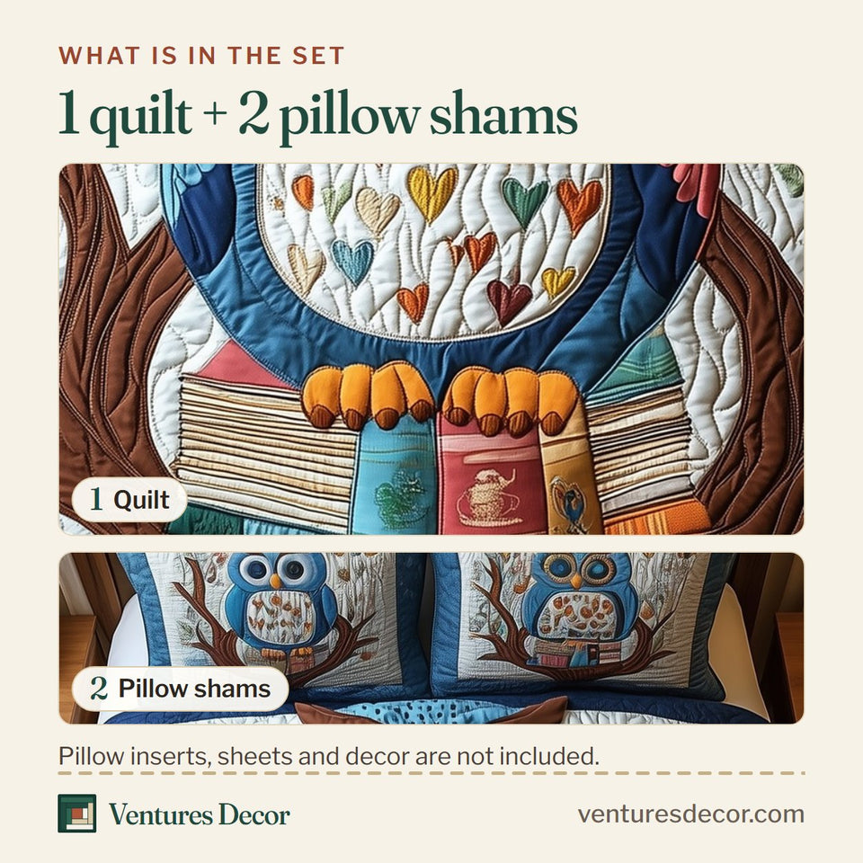 What is in the set: one quilt and two pillow shams, shown in the Owl Scholar Heart Tree design