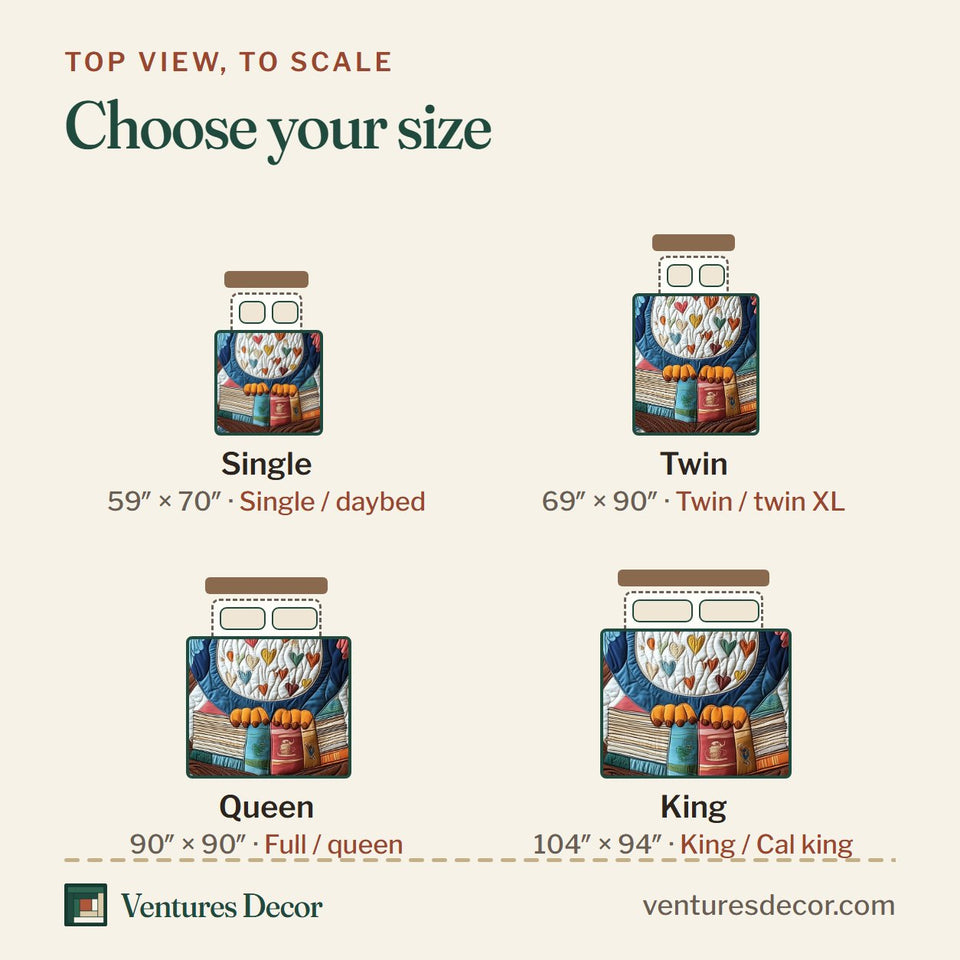 Size guide for the Owl Scholar Heart Tree quilt, top view to scale: Single 59 x 70 in, Twin 69 x 90 in, Queen 90 x 90 in, King 104 x 94 in