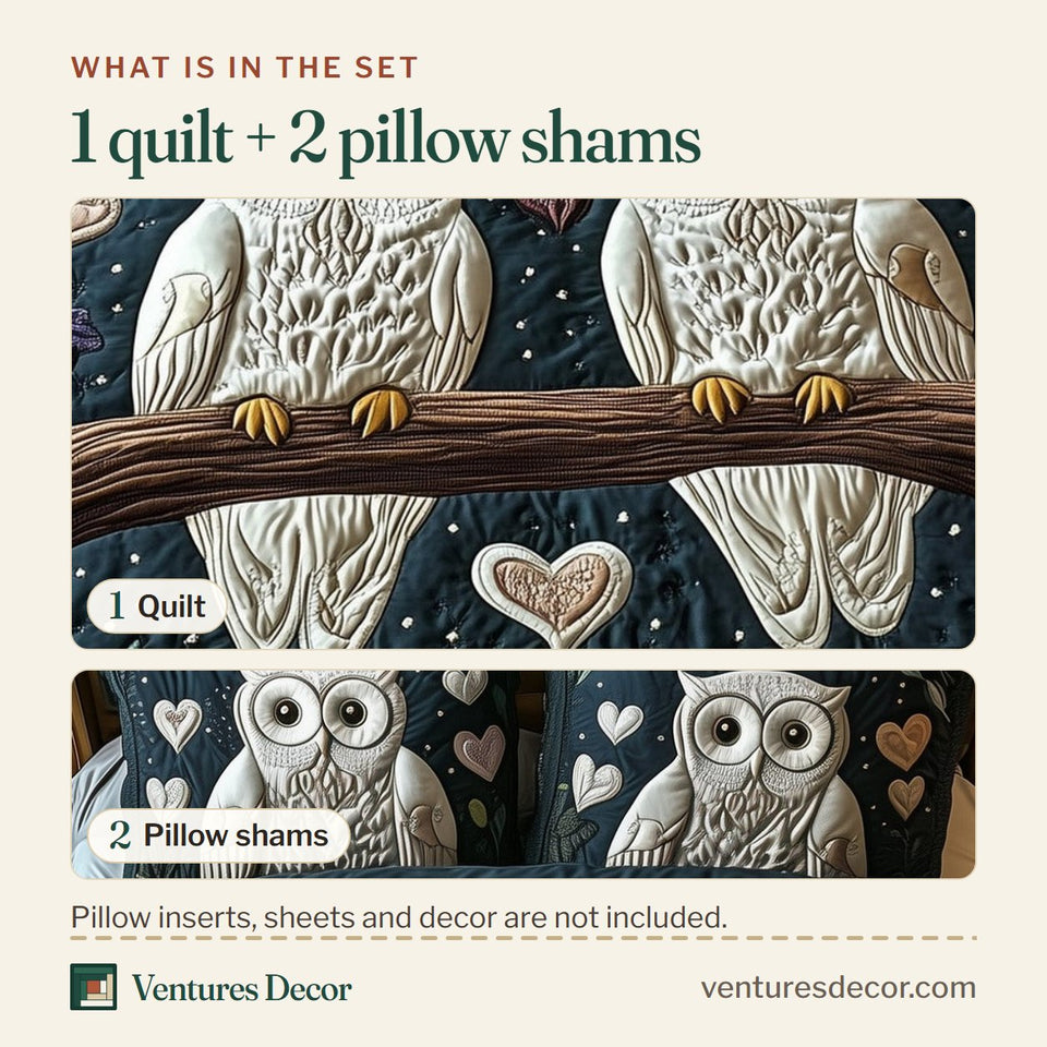 What is in the set: one quilt and two pillow shams, shown in the Owls design