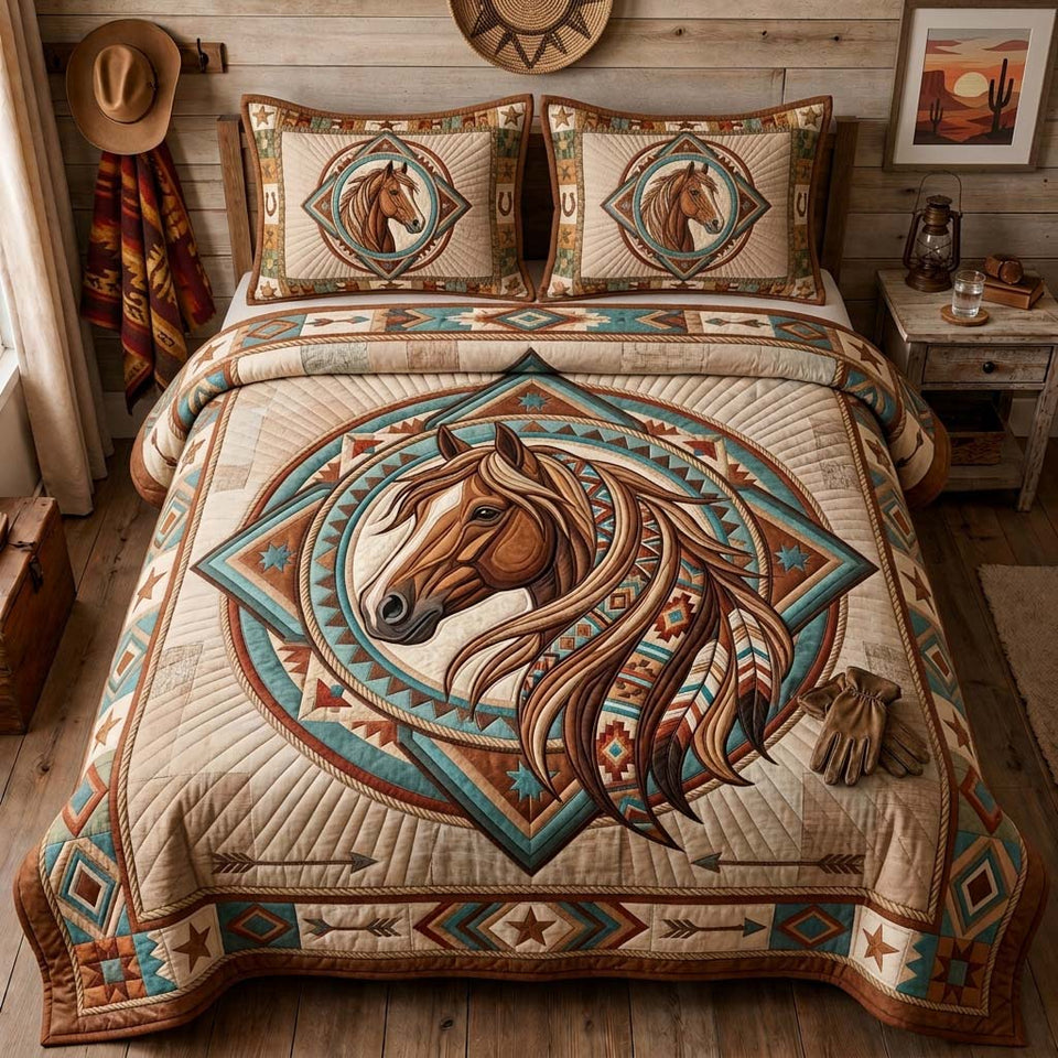 Painted Horse Spirit quilted bedding set, quilt and two pillow shams on a made bed
