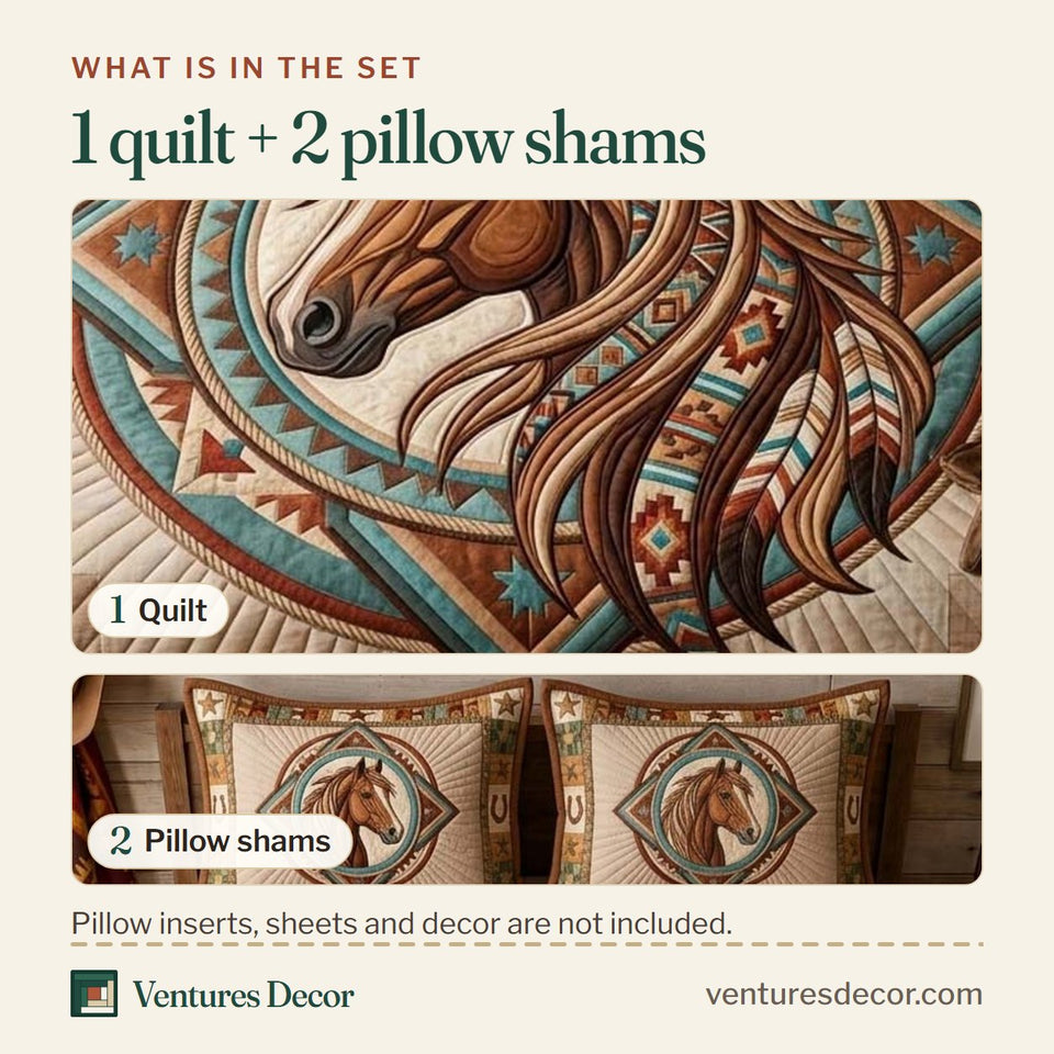 What is in the set: one quilt and two pillow shams, shown in the Painted Horse Spirit design