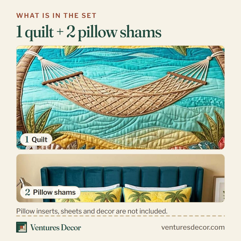 What is in the set: one quilt and two pillow shams, shown in the Palm Hammock Sunset design
