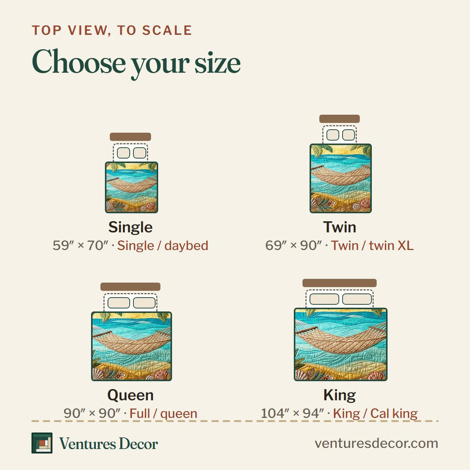 Size guide for the Palm Hammock Sunset quilt, top view to scale: Single 59 x 70 in, Twin 69 x 90 in, Queen 90 x 90 in, King 104 x 94 in
