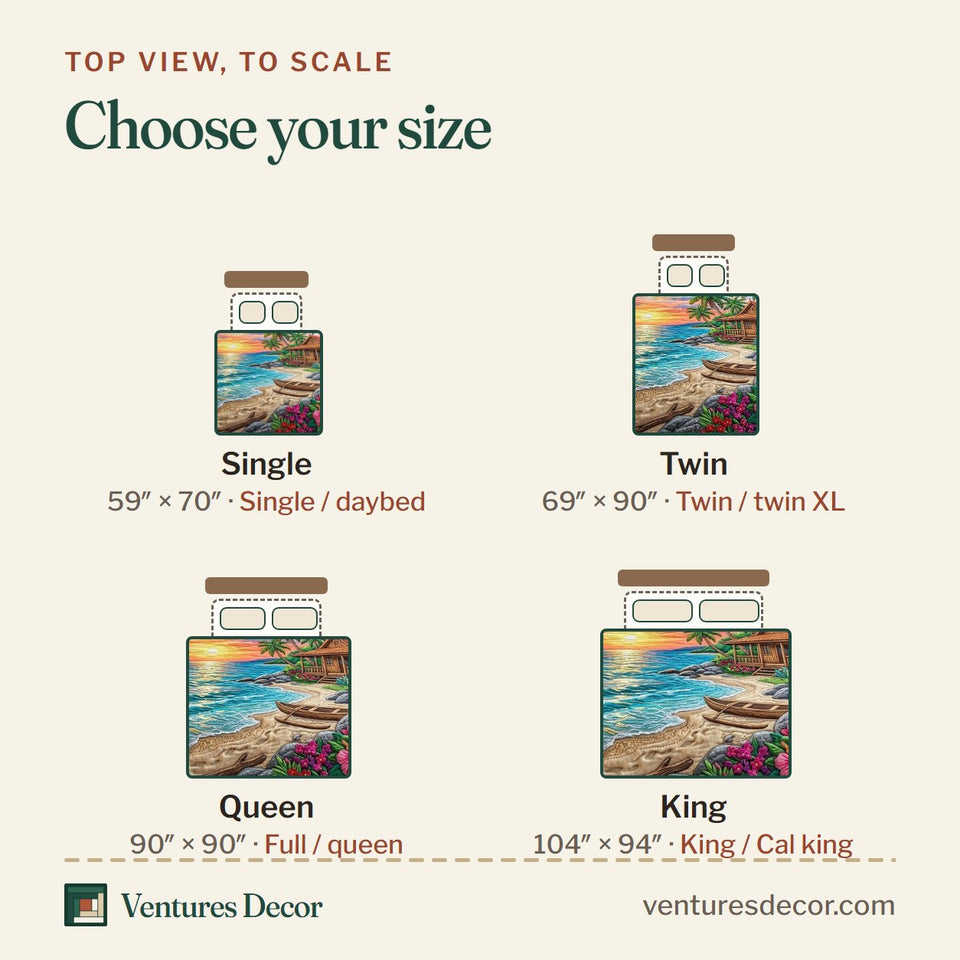 Size guide for the Palm Paradise Canoe on the Sunset Shore quilt, top view to scale: Single 59 x 70 in, Twin 69 x 90 in, Queen 90 x 90 in, King 104 x 94 in