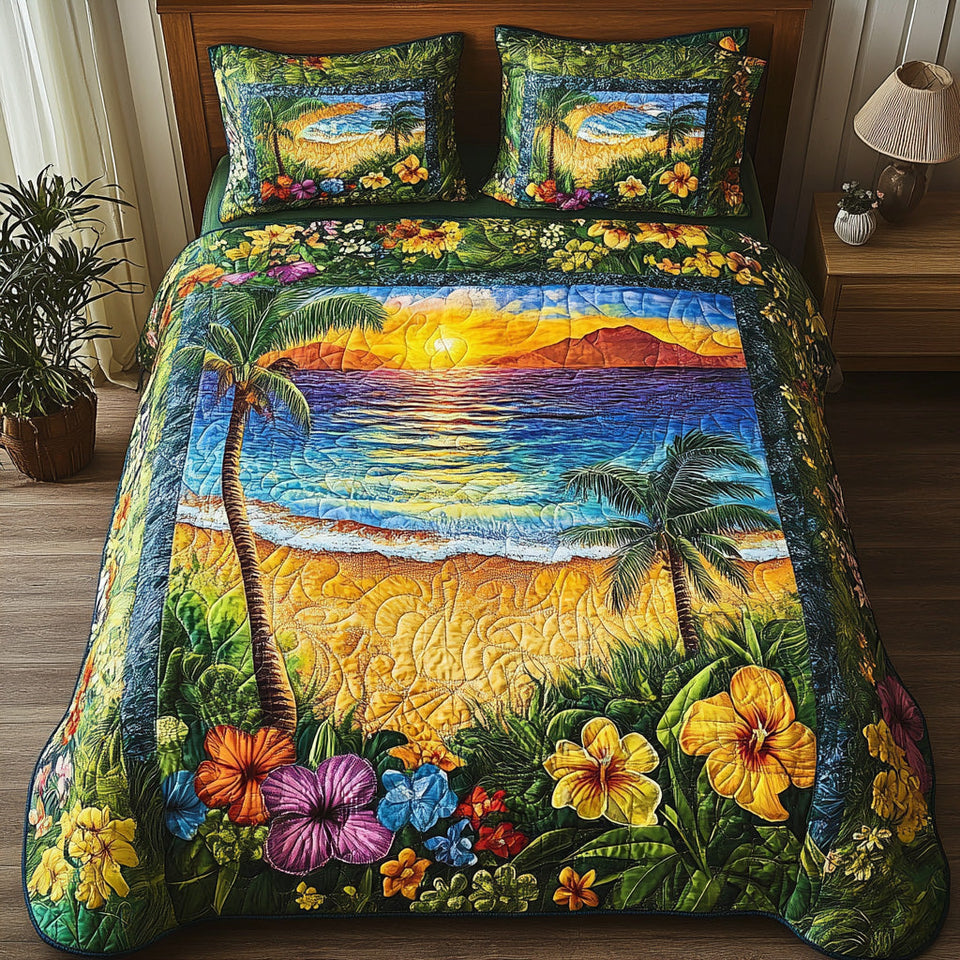Palm Sunset Paradise Cove quilted bedding set, quilt and two pillow shams on a made bed