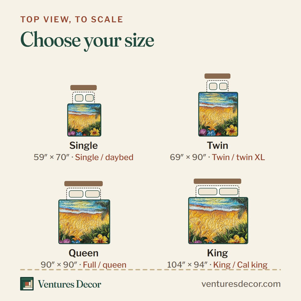 Size guide for the Palm Sunset Paradise Cove quilt, top view to scale: Single 59 x 70 in, Twin 69 x 90 in, Queen 90 x 90 in, King 104 x 94 in