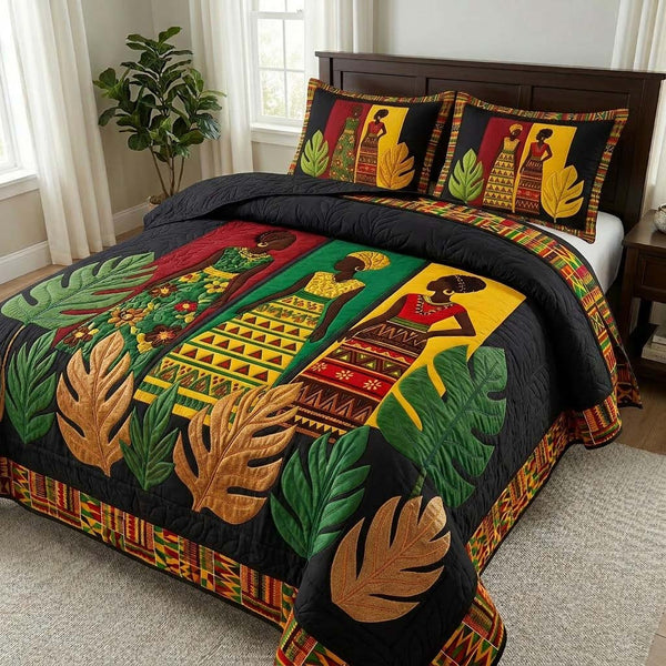 Palms Women quilted bedding set, quilt and two pillow shams on a made bed