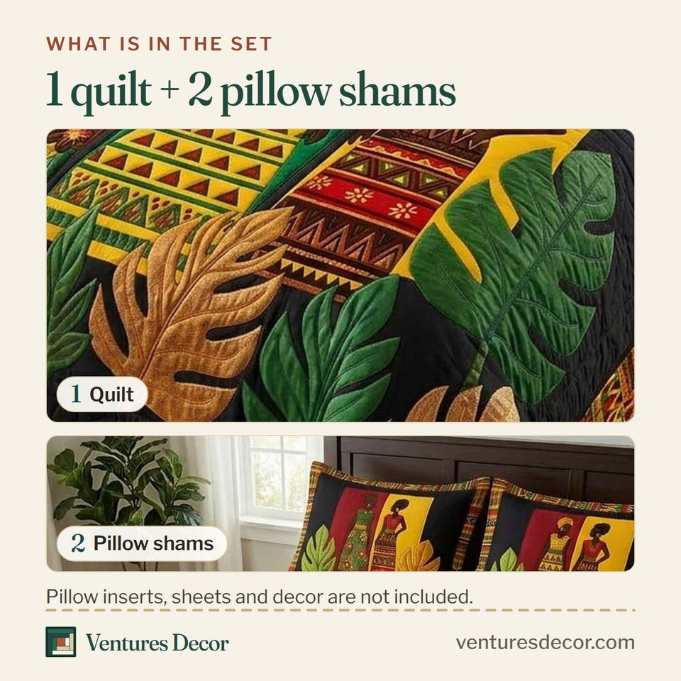 What is in the set: one quilt and two pillow shams, shown in the Palms Women design