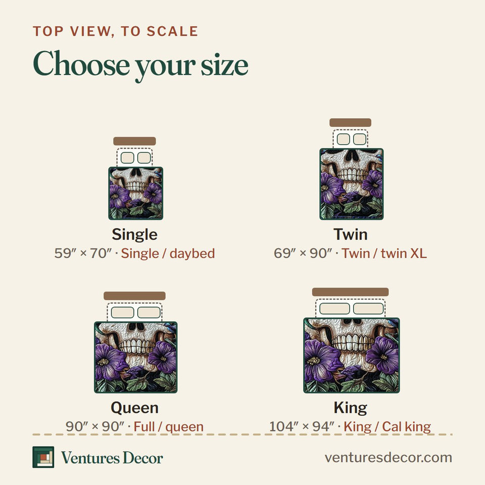 Size guide for the Pansy Skull Hummingbird Night quilt, top view to scale: Single 59 x 70 in, Twin 69 x 90 in, Queen 90 x 90 in, King 104 x 94 in