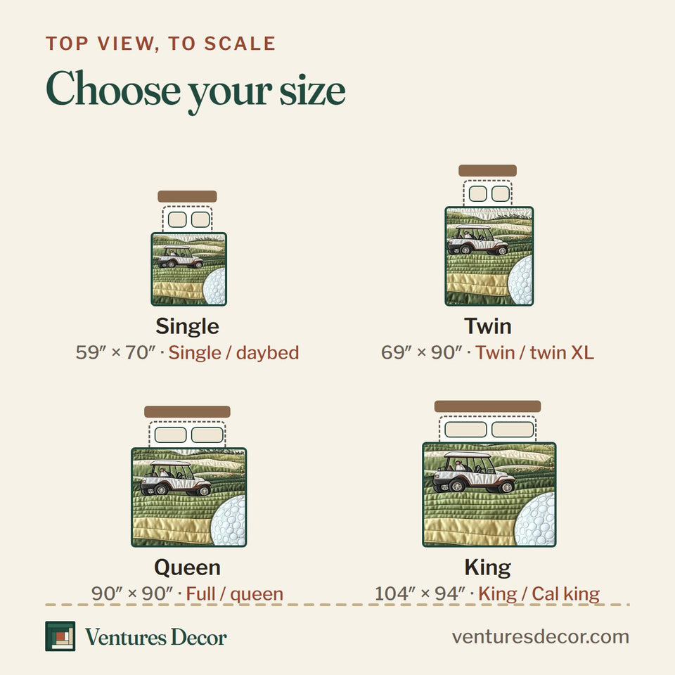 Size guide for the Par for the Night Giant Ball and Flag quilt, top view to scale: Single 59 x 70 in, Twin 69 x 90 in, Queen 90 x 90 in, King 104 x 94 in
