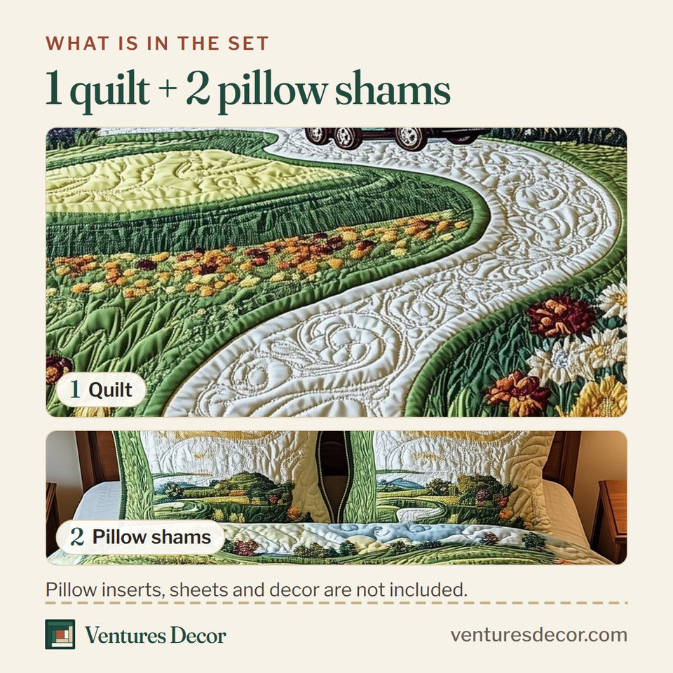 What is in the set: one quilt and two pillow shams, shown in the Par for the Night Wildflower Cart Path design